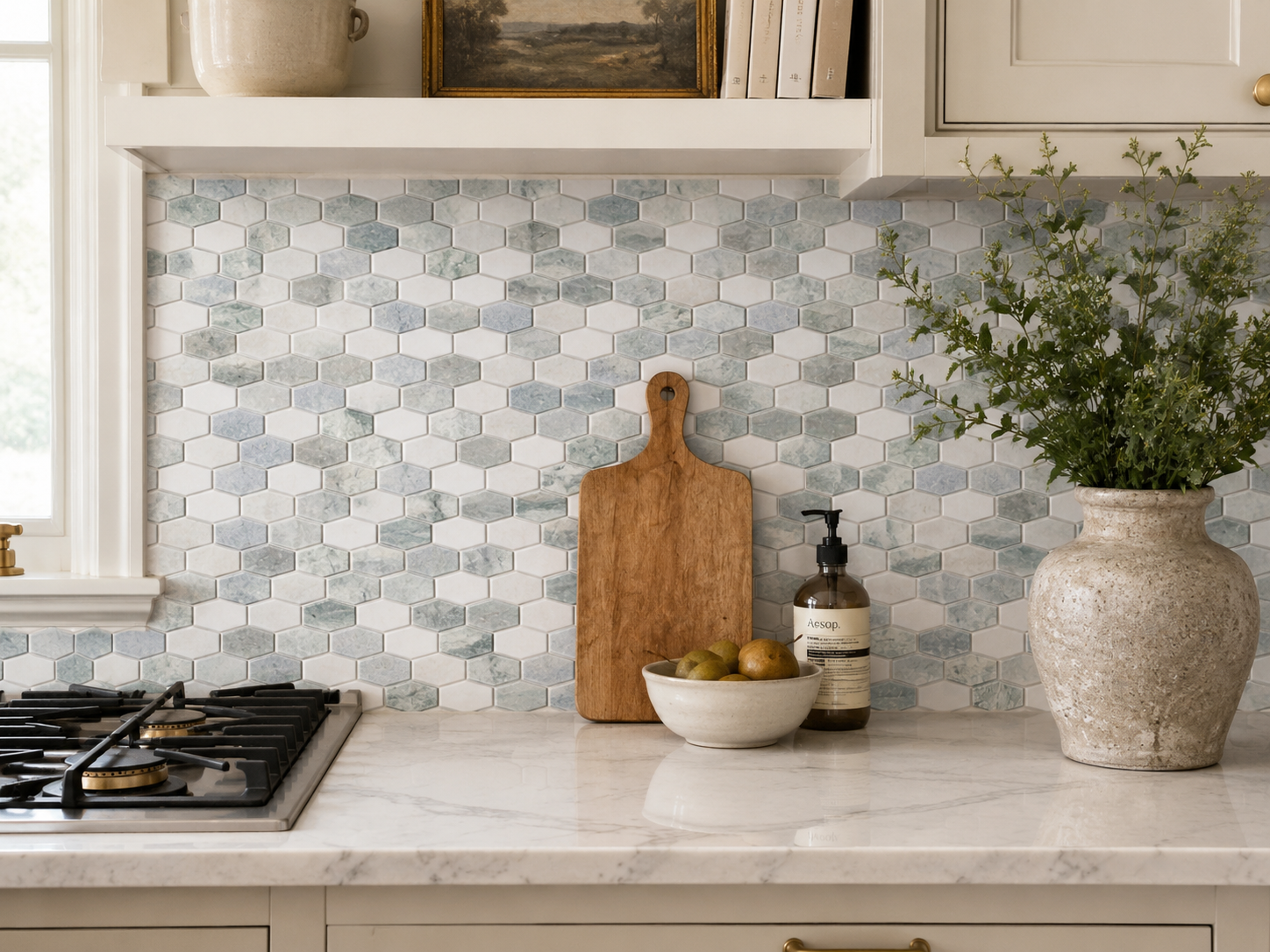 Blue Celeste Elongated Hexagon w Ming Green and Thassos Polished